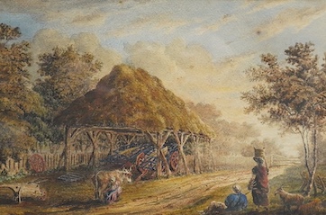 C G White (19th. C), watercolour, A cart shed and farmyard, Greenstead, Essex, unsigned, inscribed to the mount, 15.5 x 23cm. Condition - poor to fair, spots of foxing